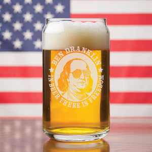 Drunk History Beer Can Glass, 250th Anniversary USA, Abe Drinkin, George Sloshington, Ben Dranklin, Teddy Boozevelt, James Brewchanan