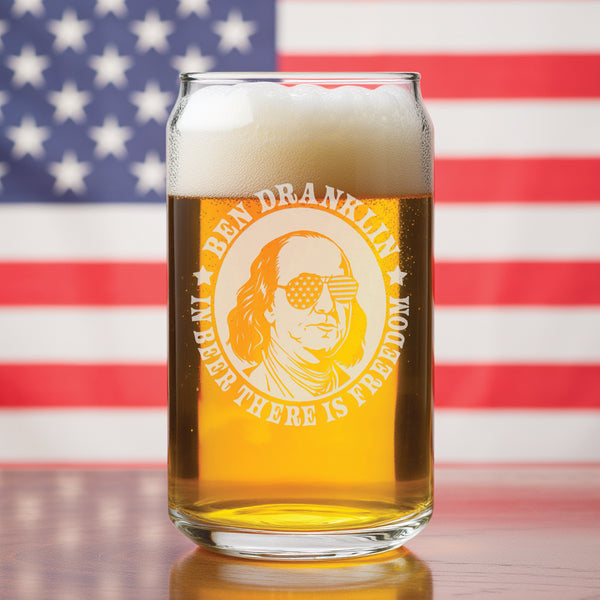 Drunk History Beer Can Glass, 250th Anniversary USA, Abe Drinkin, George Sloshington, Ben Dranklin, Teddy Boozevelt, James Brewchanan