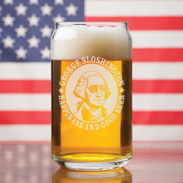 Drunk History Beer Can Glass, 250th Anniversary USA, Abe Drinkin, George Sloshington, Ben Dranklin, Teddy Boozevelt, James Brewchanan