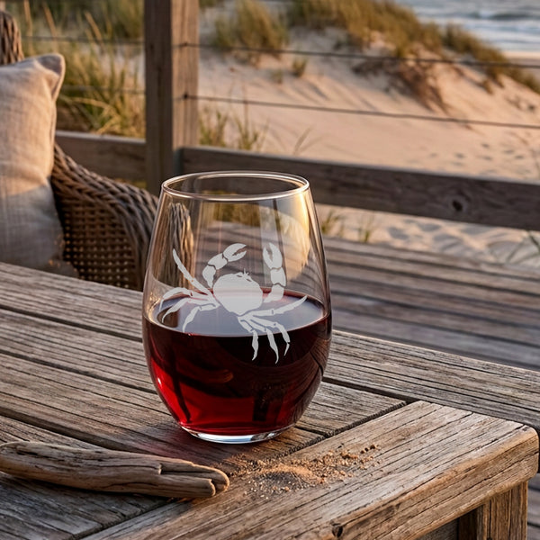 Crab Etched Stemless Wine Glass
