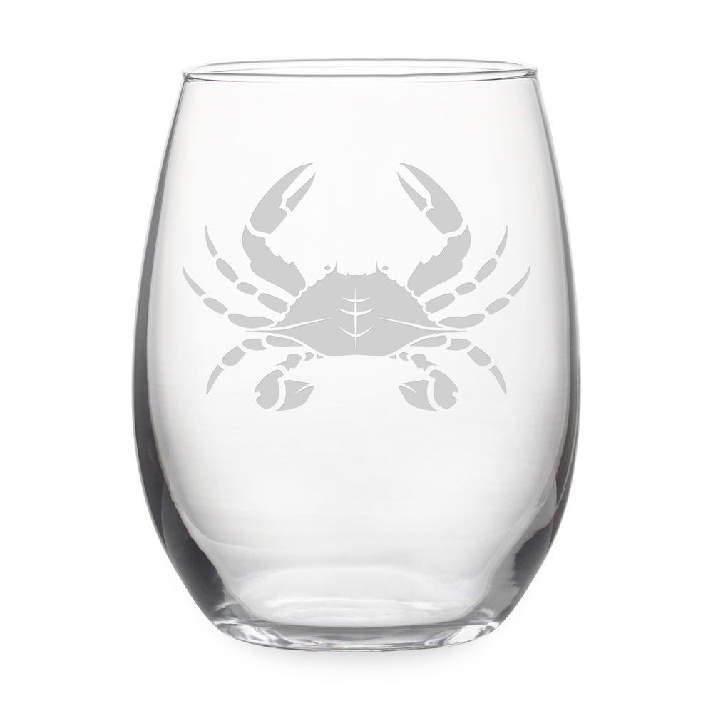 Blue Crab Etched Stemless Wine Glass