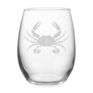 Blue Crab Etched Stemless Wine Glass