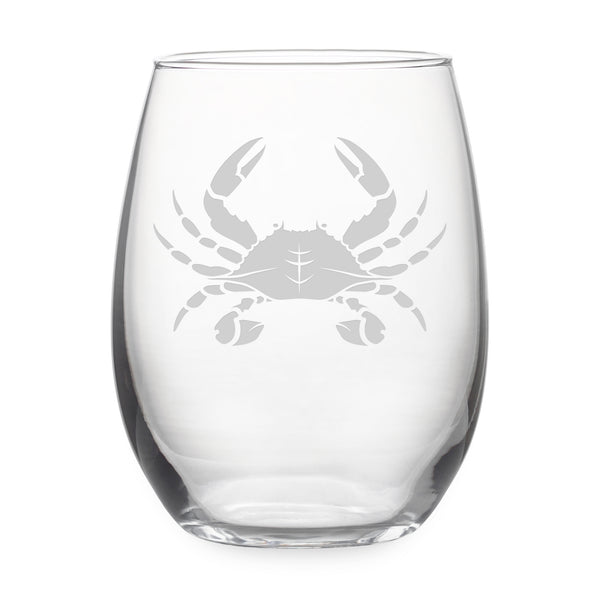 Blue Crab Etched Stemless Wine Glass