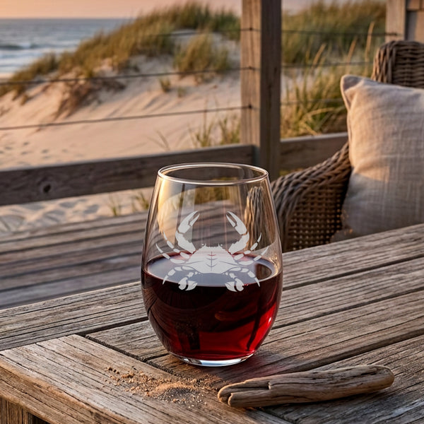 Blue Crab Etched Stemless Wine Glass