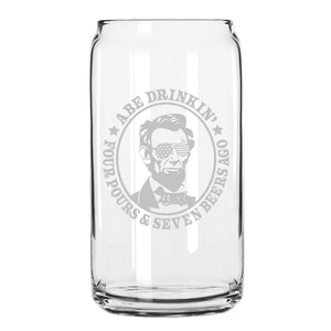 Drunk History Beer Can Glass, 250th Anniversary USA, Abe Drinkin, George Sloshington, Ben Dranklin, Teddy Boozevelt, James Brewchanan