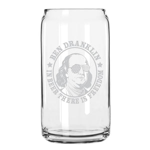 Drunk History Beer Can Glass, 250th Anniversary USA, Abe Drinkin, George Sloshington, Ben Dranklin, Teddy Boozevelt, James Brewchanan