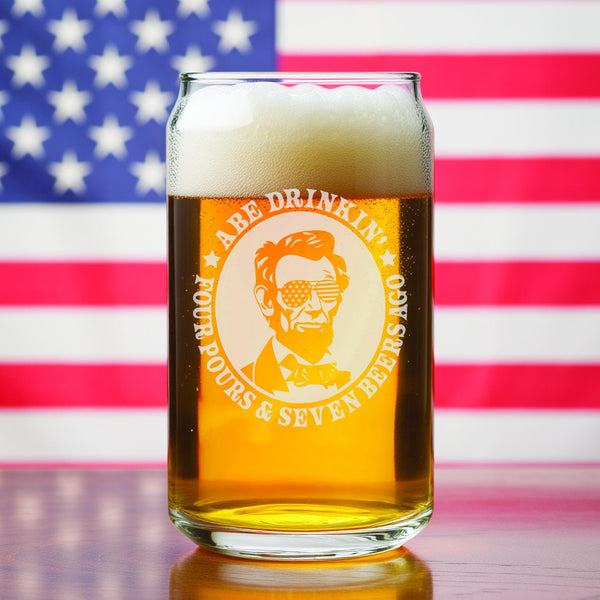 Drunk History Beer Can Glass, 250th Anniversary USA, Abe Drinkin, George Sloshington, Ben Dranklin, Teddy Boozevelt, James Brewchanan